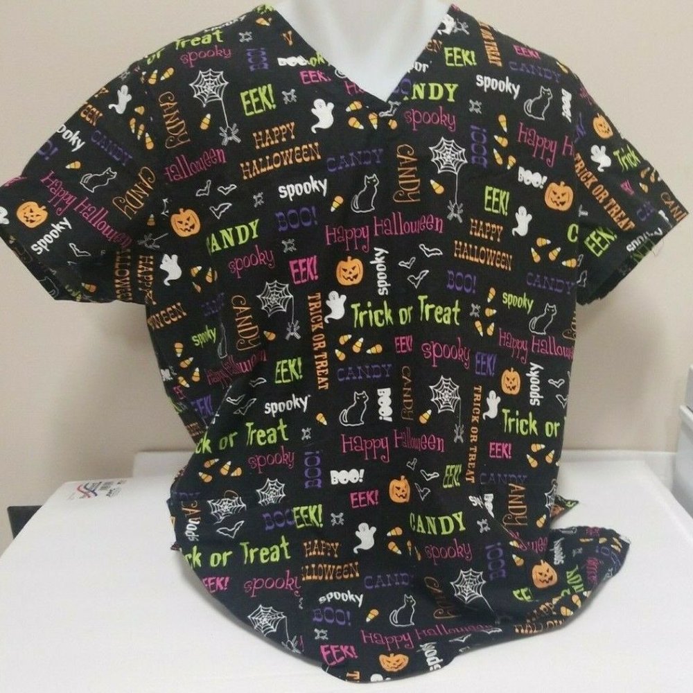 Halloween Nursing Scrubs Eek Spooky Ghost Black SB